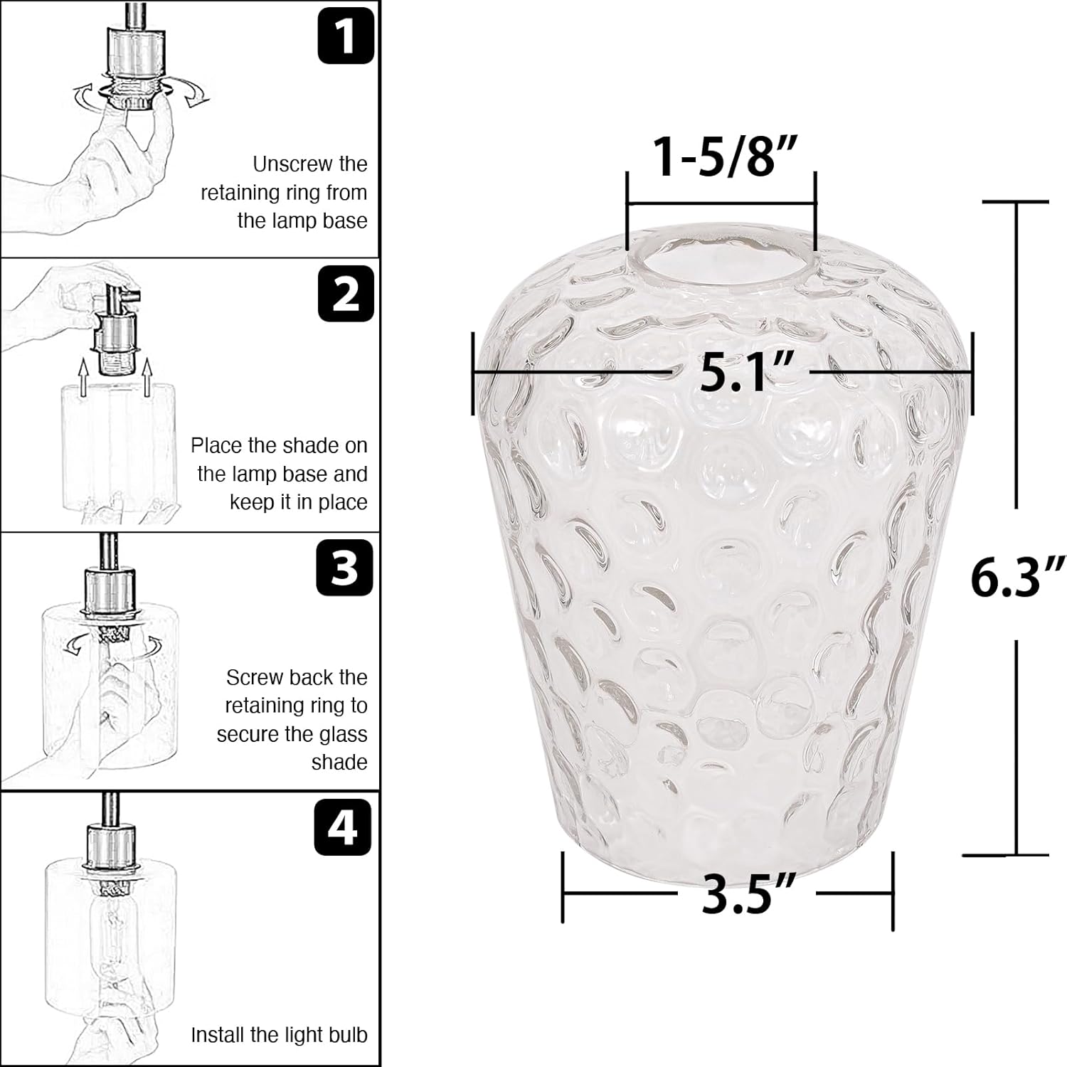 Wine Glass Lamp Shade for Lighting Fixture, 6.3" Height, 1-5/8 Inch Fitter, 3 Pack Clear Amber Hammered Water Ripple Glass Replacement Globe Shade