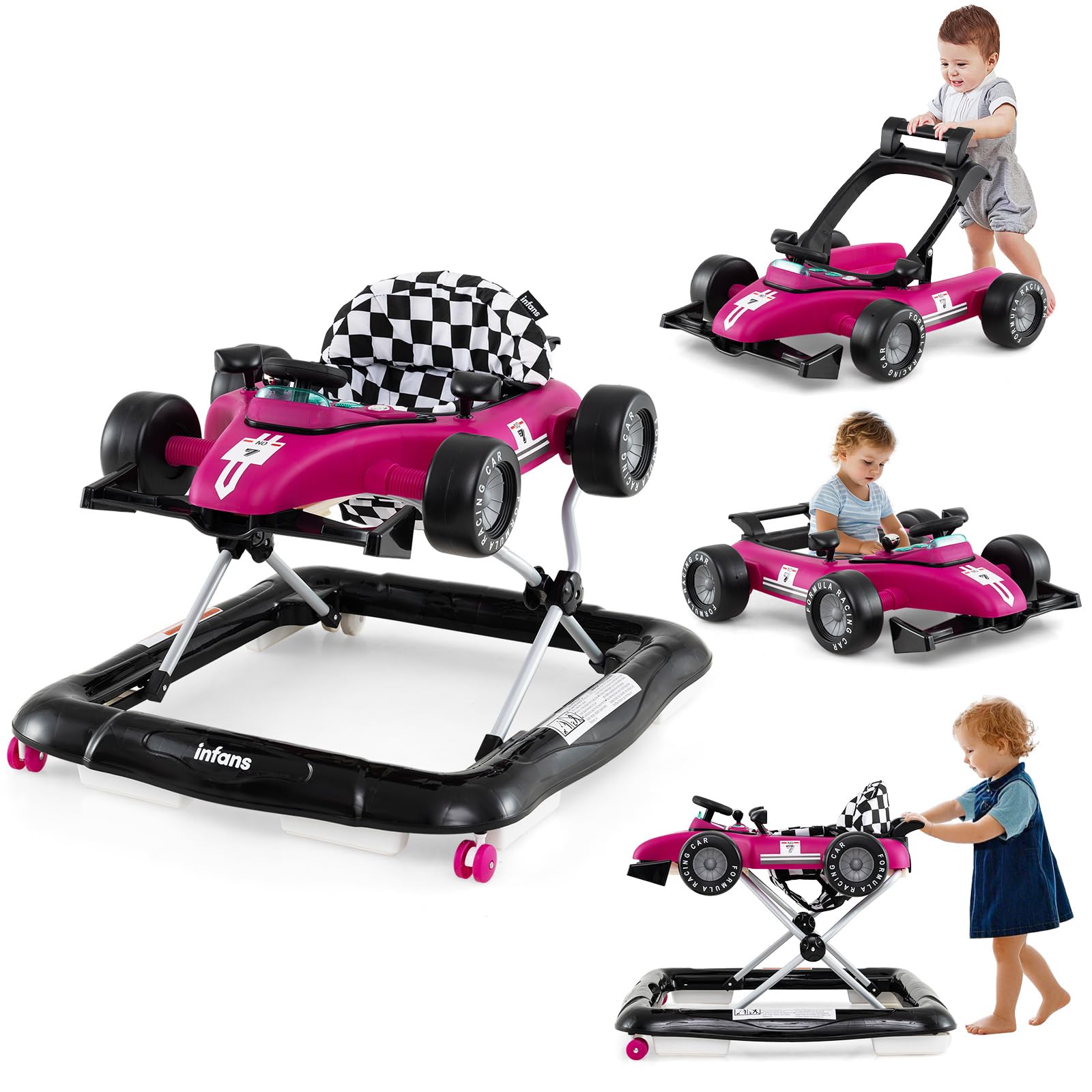 Andador para bebés INFANS 4 en 1, plegable, con asiento acolchado de altura ajustable, luz musical, bandeja extraíble, andador para niños de 6 a 18 meses, color violeta