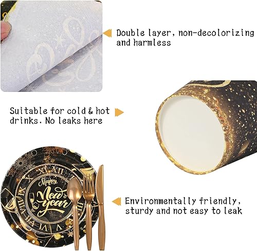 Miniatura 5 de HOWAF Juego de vajilla de fiesta de Año Nuevo, suministros de fiesta de Año Nuevo, vajilla desechable, incluye mantel, servilleta, cuchillo,