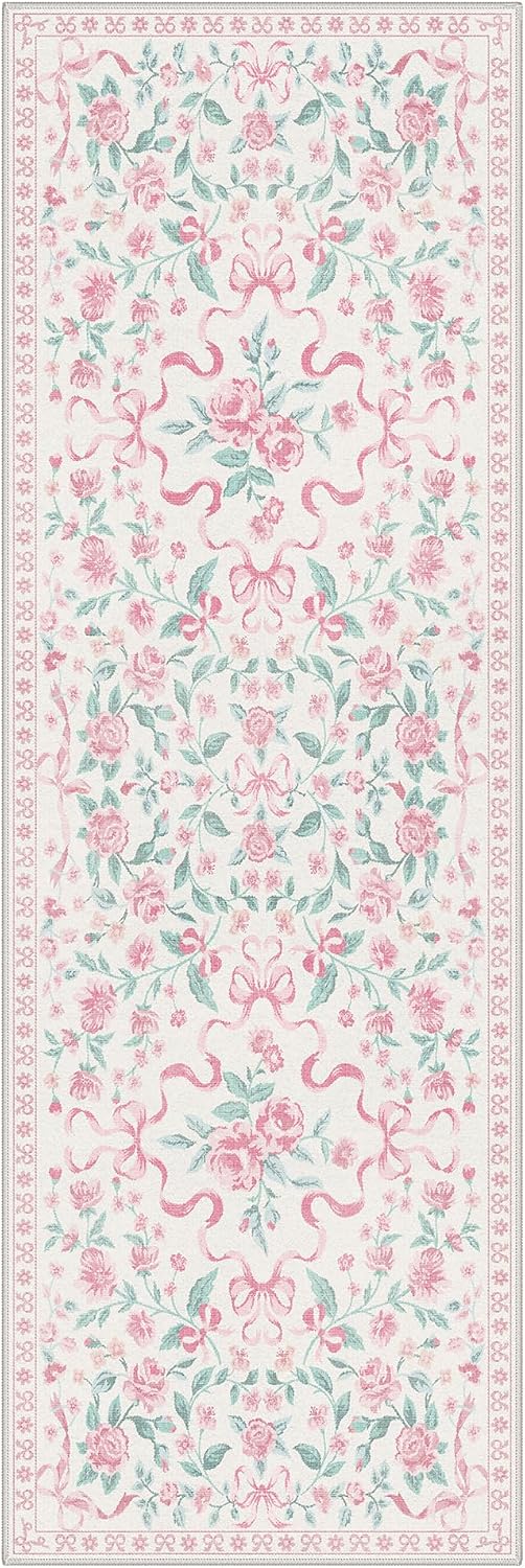 GENIMO 2.5x6 Runners for Hallways Kitchen,Machine Washable Non Slip Flower Bow Rug,Low Pile Soft Cute Floral Runner Rug for Girls Playroom Bedroom,Pink Floral Bow