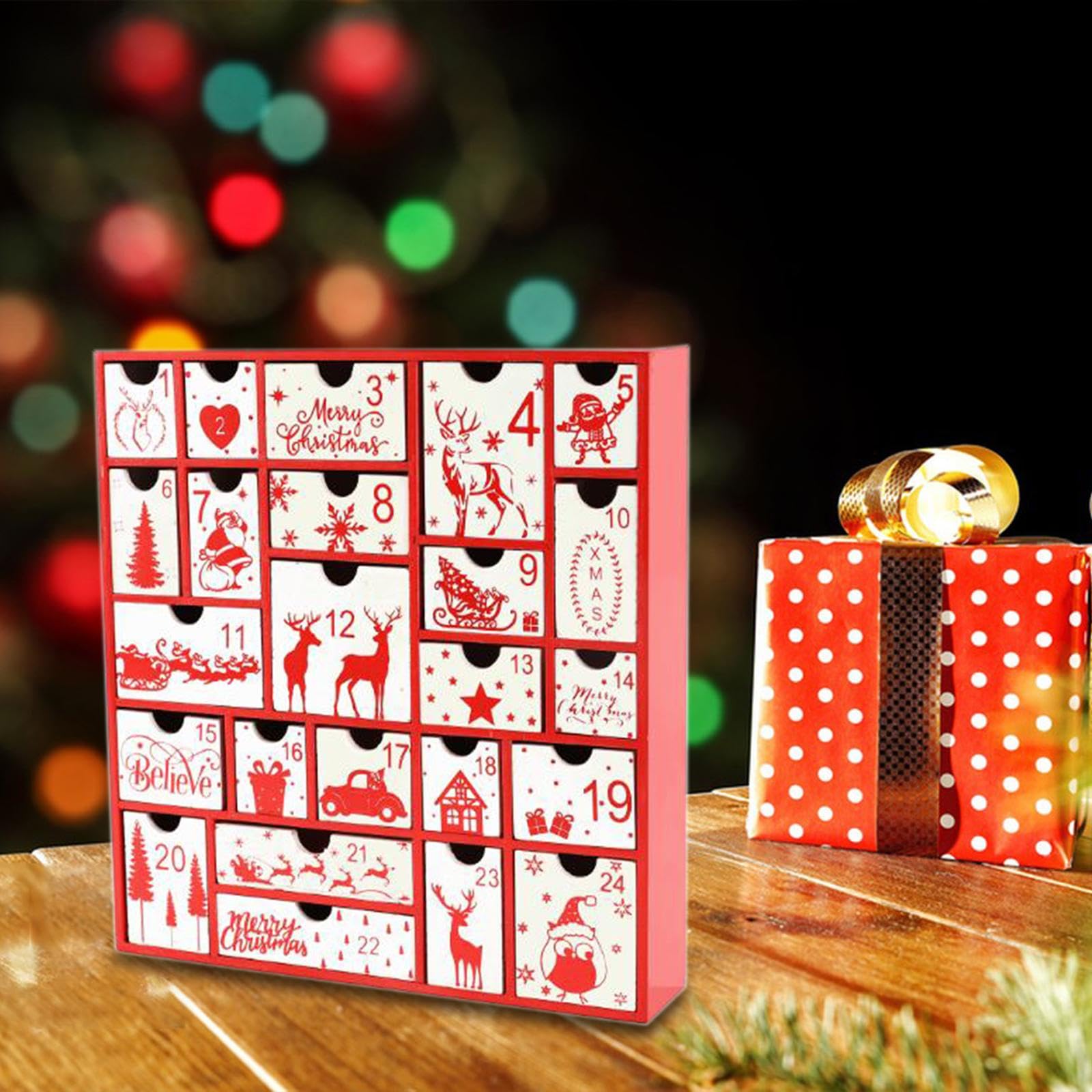 MERIGLARE Calendario de Adviento Caja Navidad Madera Vacía para Rellenar Sorpresas Decoración Tradicional Navideña Adecuado para Regalo Celebración en Casa, Rojo, Individual