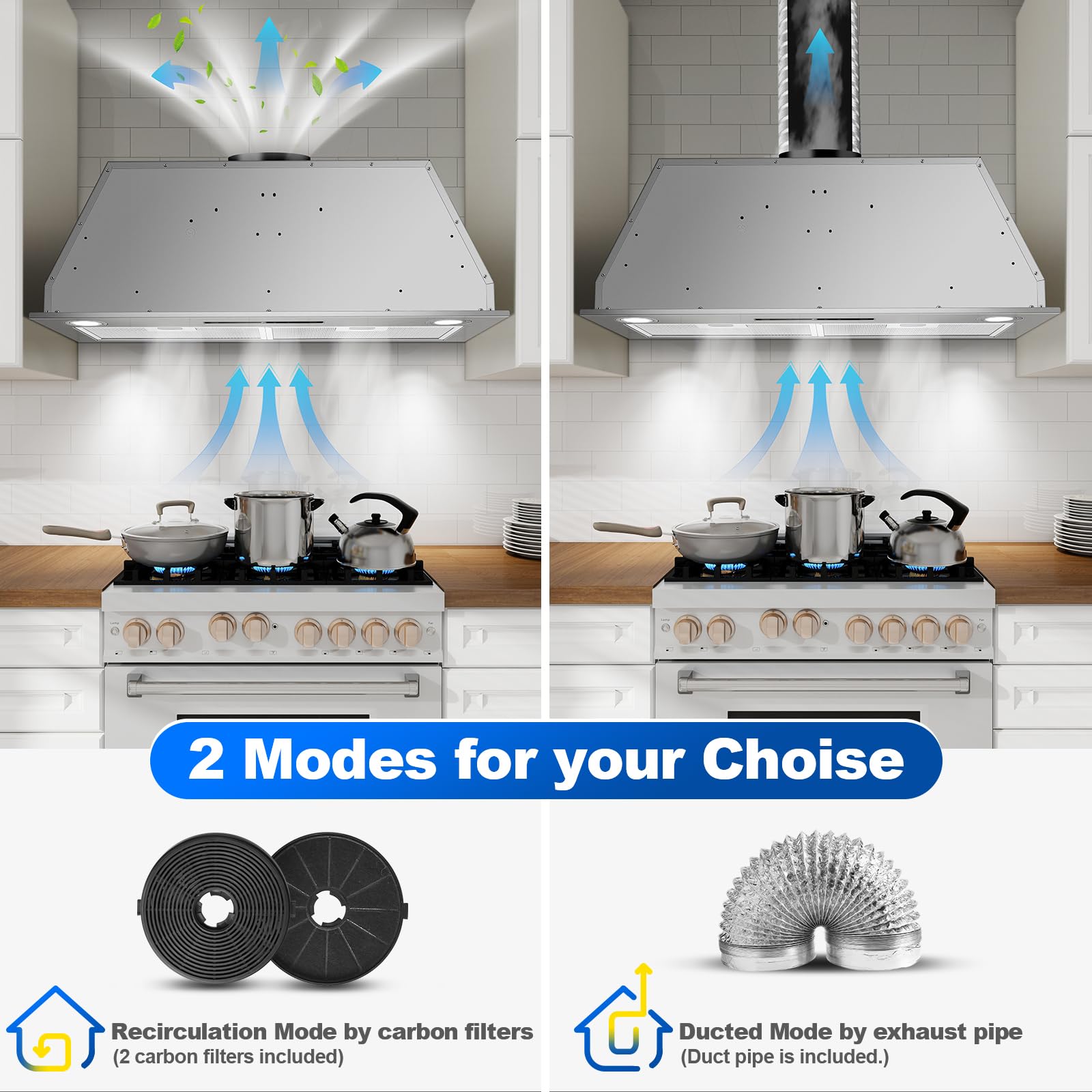 Hotte Aspirante 72cm Encastrable, 400m³/h, Hotte Cuisine, 3 Vitesses & Fonction Booster, Gestuelle, Tactile, Éclairage LED, Évacuation & Recyclage d'air avec filtre à charbon et conduit