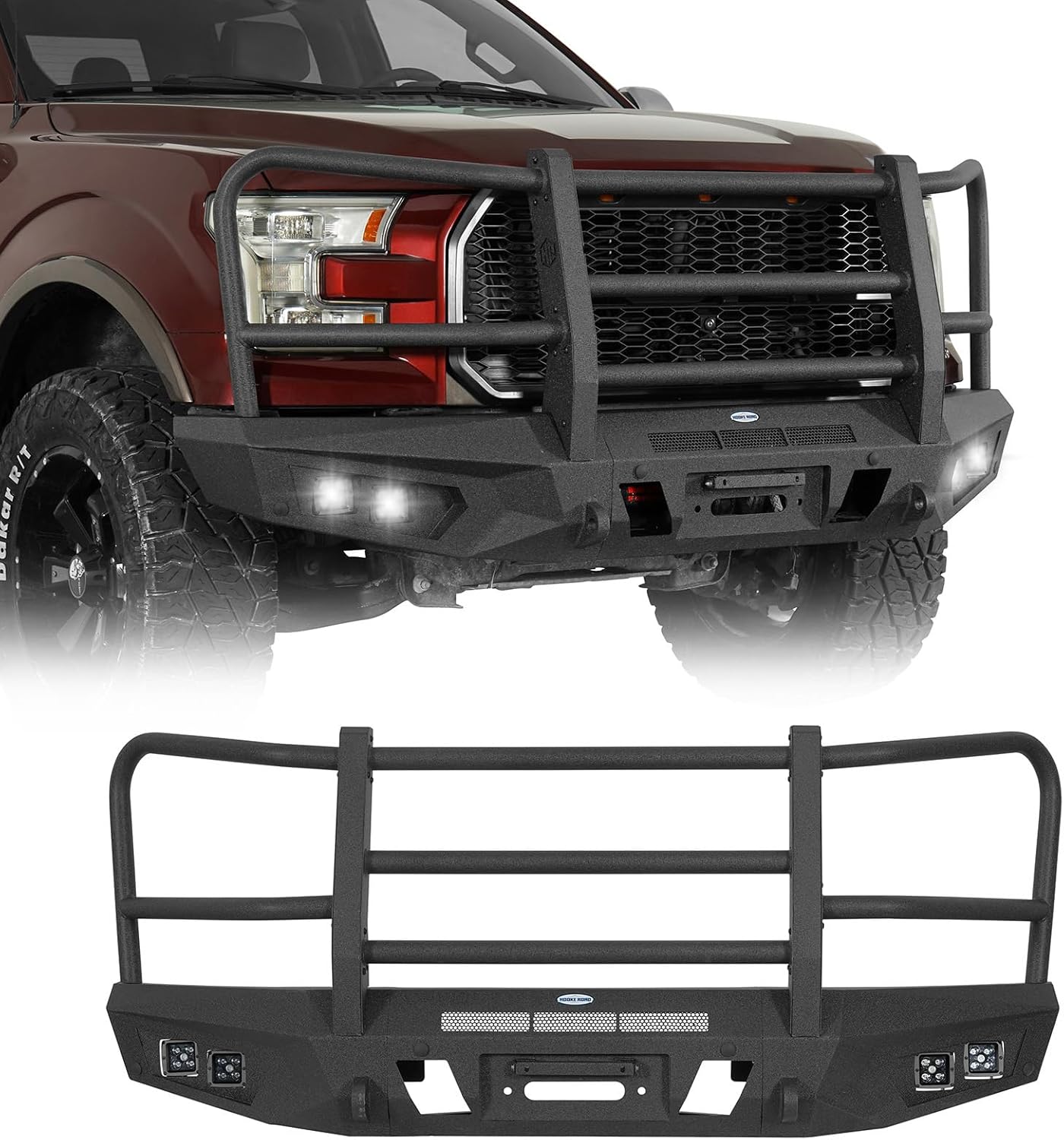 Hooke Road 15-17 F150 Front Bumper Grille Brush Guard Push Bull Bar for 2015-2017 Ford F-150(Exclude Raptor), Off-road Heavy Duty Steel Bumper with Winch Plate, D-ring Mounts & LED Lights