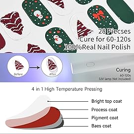 DUKASOU Christmas Semi Cured Gel Nail Strips, 28 pcs Xtmas Style Gel Nail Stickers Work with Any UV Lamp, Salon Quality Nail Art Wrap for Christmas, Include Prep Pads, &Wood Stick Tool