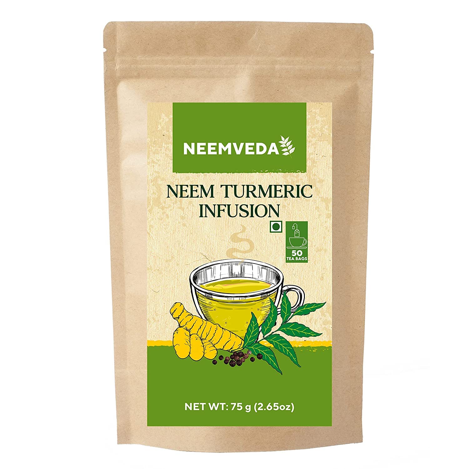 iqra Neemveda Neem turmeric Herbal Tea infusion with Black Pepper for high absorption, 50 Tea bags