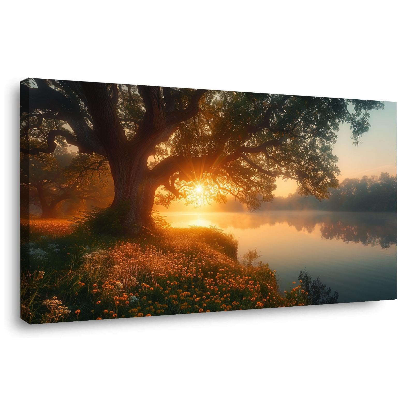 BOHUO Gold,green Large Canvas Wall Art Tree of Life Painting, River Sunset Prints Poster for Living Room Bedroom Home Office Wall Decorations-30x60cm Framed