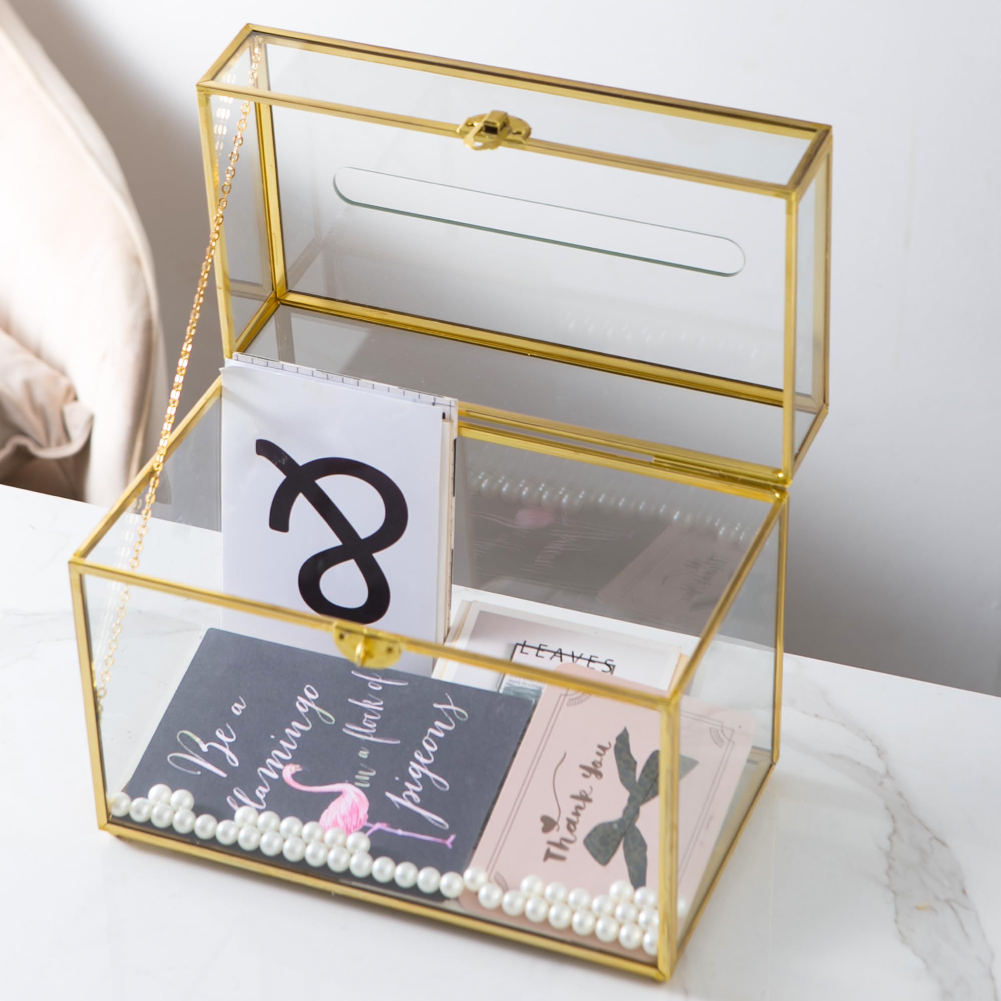 Glas Hochzeitskartenbox mit Schlitz und Schloss, Große Klare Kartenbox Gold Messing Geschenkkarte Aufbewahrungsbox mit Schloss für Hochzeitsempfänge, Babyparty, Geburtstagsfeier, Brautparty