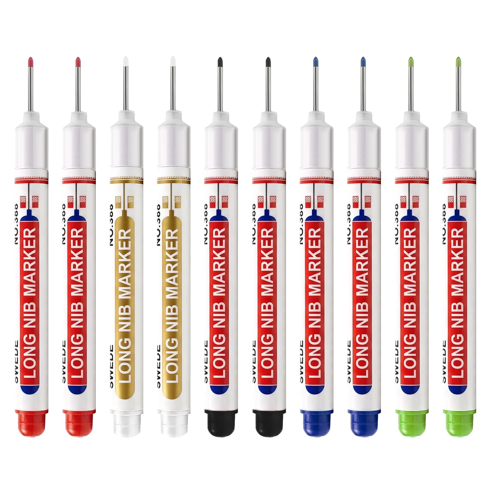 10PCS Deep Hole Marker Pens, 20mm Long Nib Marker Pen, Waterproof Woodworking Marking Pens for Hard-to-Reach Areas, Carpenter Markers for Builders Wood Metal Glass