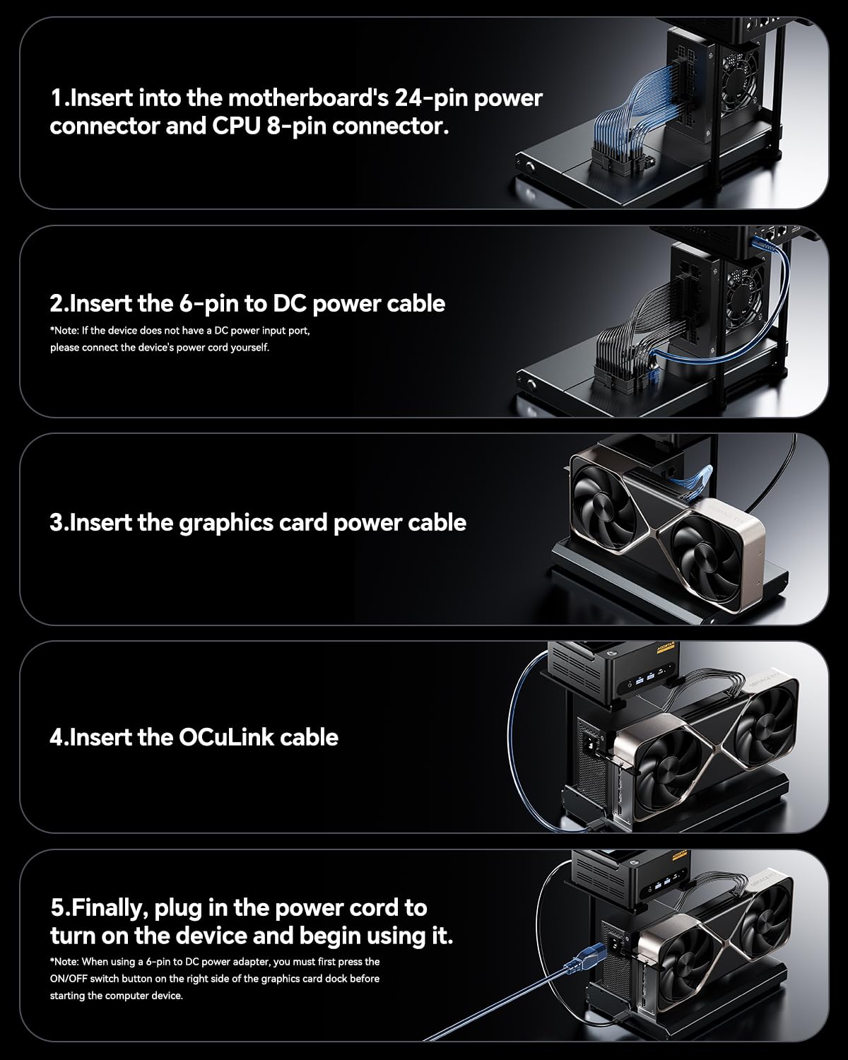 AOOSTAR EG01 eGPU Docking Station con OCuLink, Scheda grafica esterna GPU Dock PCIex16(PCIe4.0x4) 64Gbps, 150W DC, supporta alimentatore ATX/SFX, per mini PC/computer portatili/schede grafiche