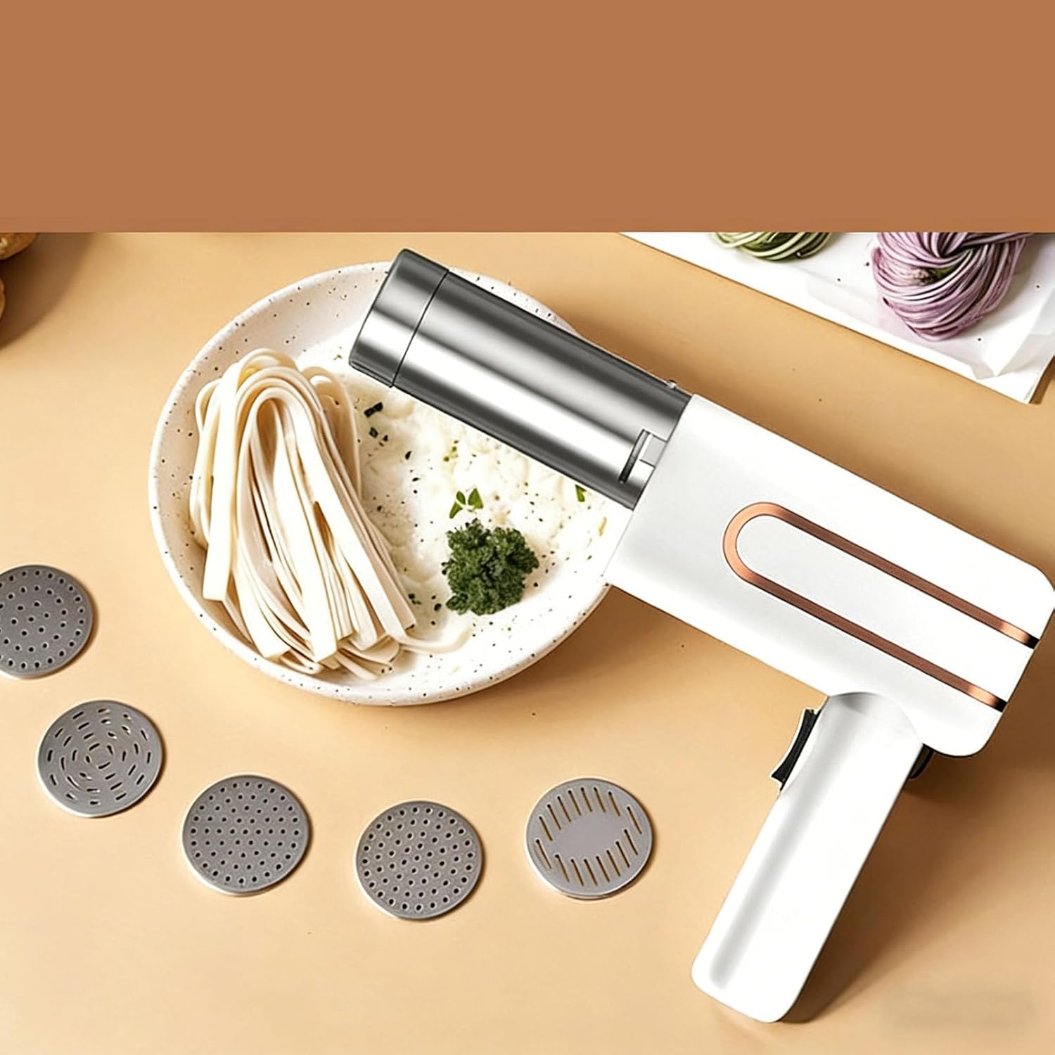 Yosoo Handheld Electric Pasta Maker, Automatic Cordless Noodle Machine with 5 Interchangeable Nozzles and Adjustable Thickness, for Home Kitchen Camping Picnic