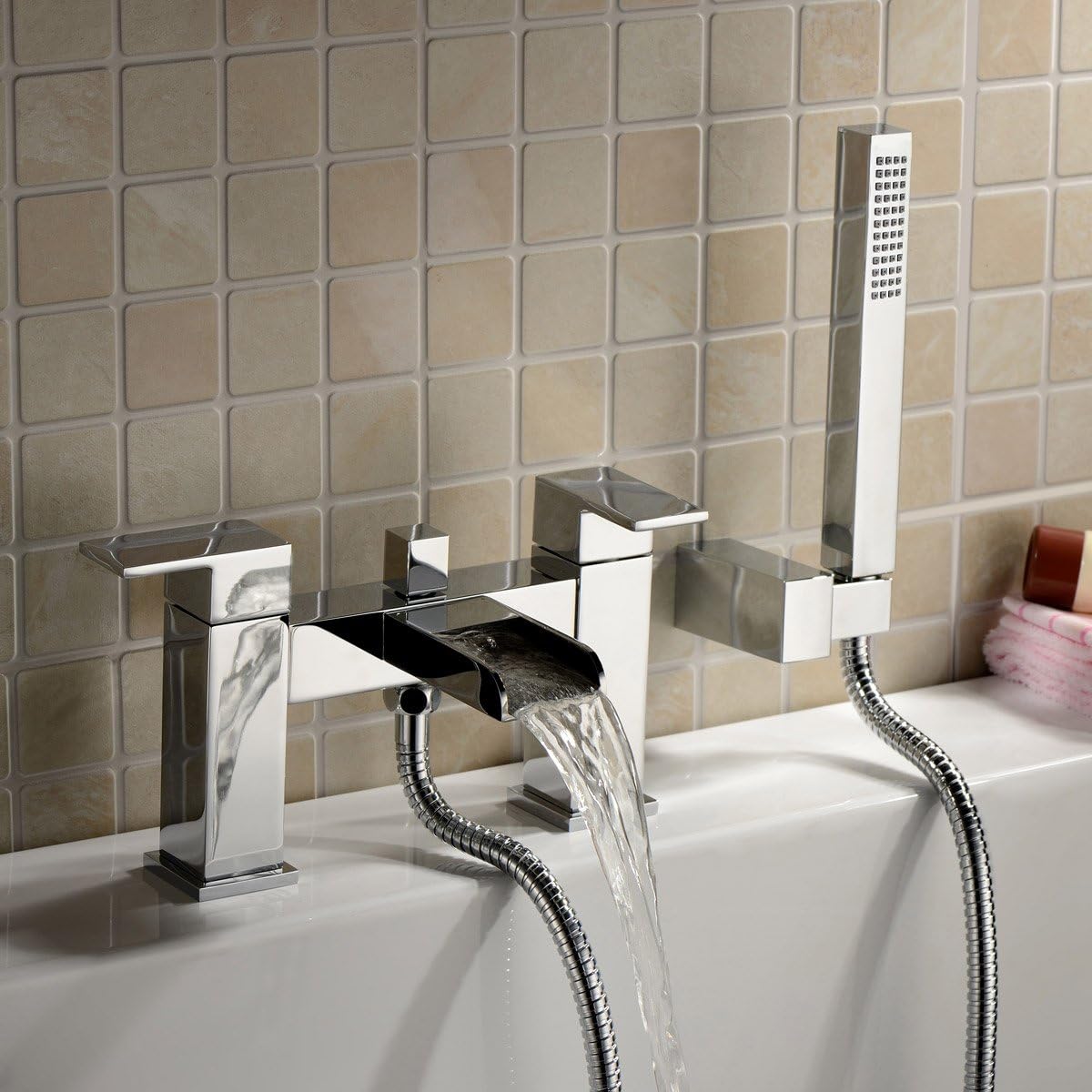 Nes Home | Cascade Waterfall Bath Shower Mixer Tap Handset Chrome Deck Mounted