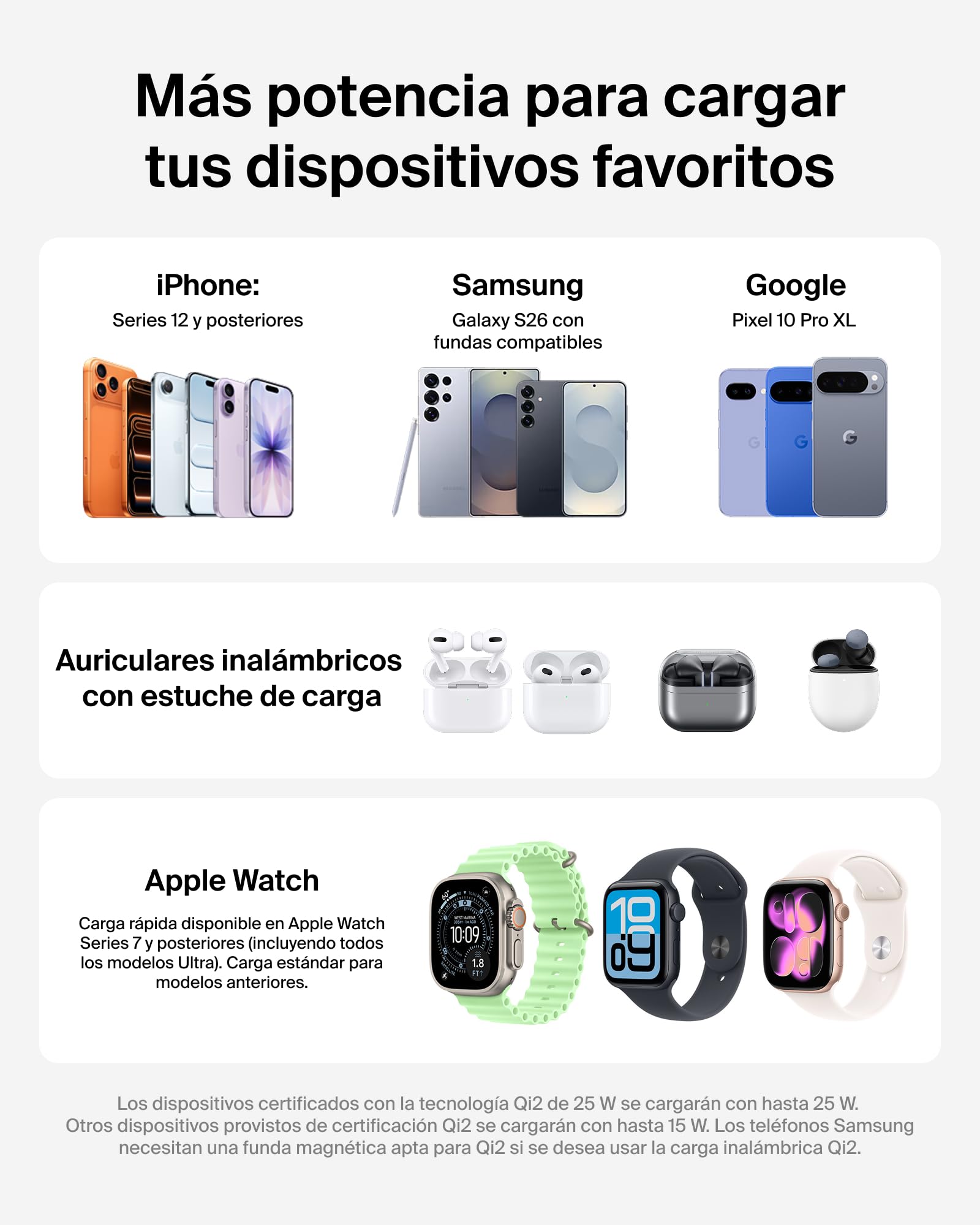 Belkin UltraCharge Pro Cargador Inalámbrico Magnético 3 en 1 Qi2 25W Negro | Estación de Carga Inalámbrica MagSafe, Certificación Qi2.2, iPhone, Apple Watch y Auriculares, Cable USB C y Adaptador 45W