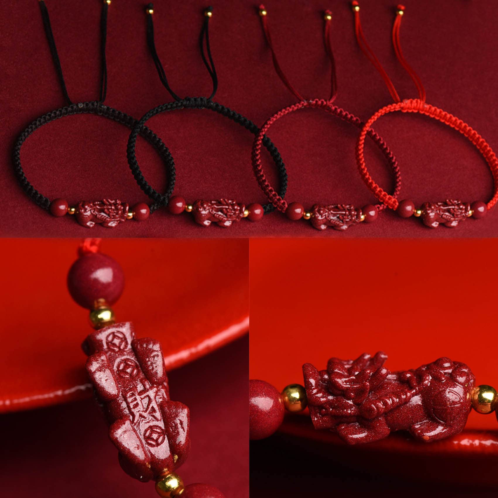 Pulsera Feng Shui/Pulsera Cinabrio Piedra De Cristal Pulsera Ajustable Pulsera De Hilo Pulsera con Amuleto De La Suerte Mujeres Hombres Talismán Atraer Riqueza Fortuna,Negro