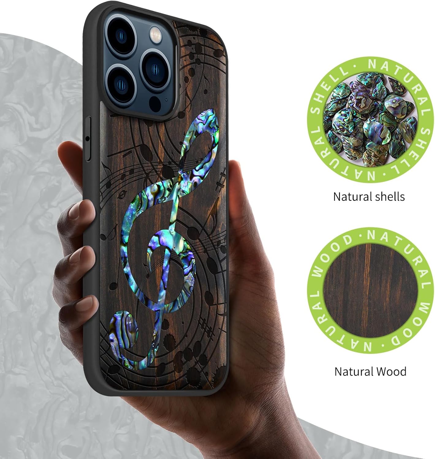 Carveit Wooden Case for iPhone 15 Pro Max Magnetic Case, Compatible with MagSafe Wireless Chargers, Shockproof Cover, Handmade Shell Inlaid & Wood Artisan Engraved (Musical Note) Blackwood