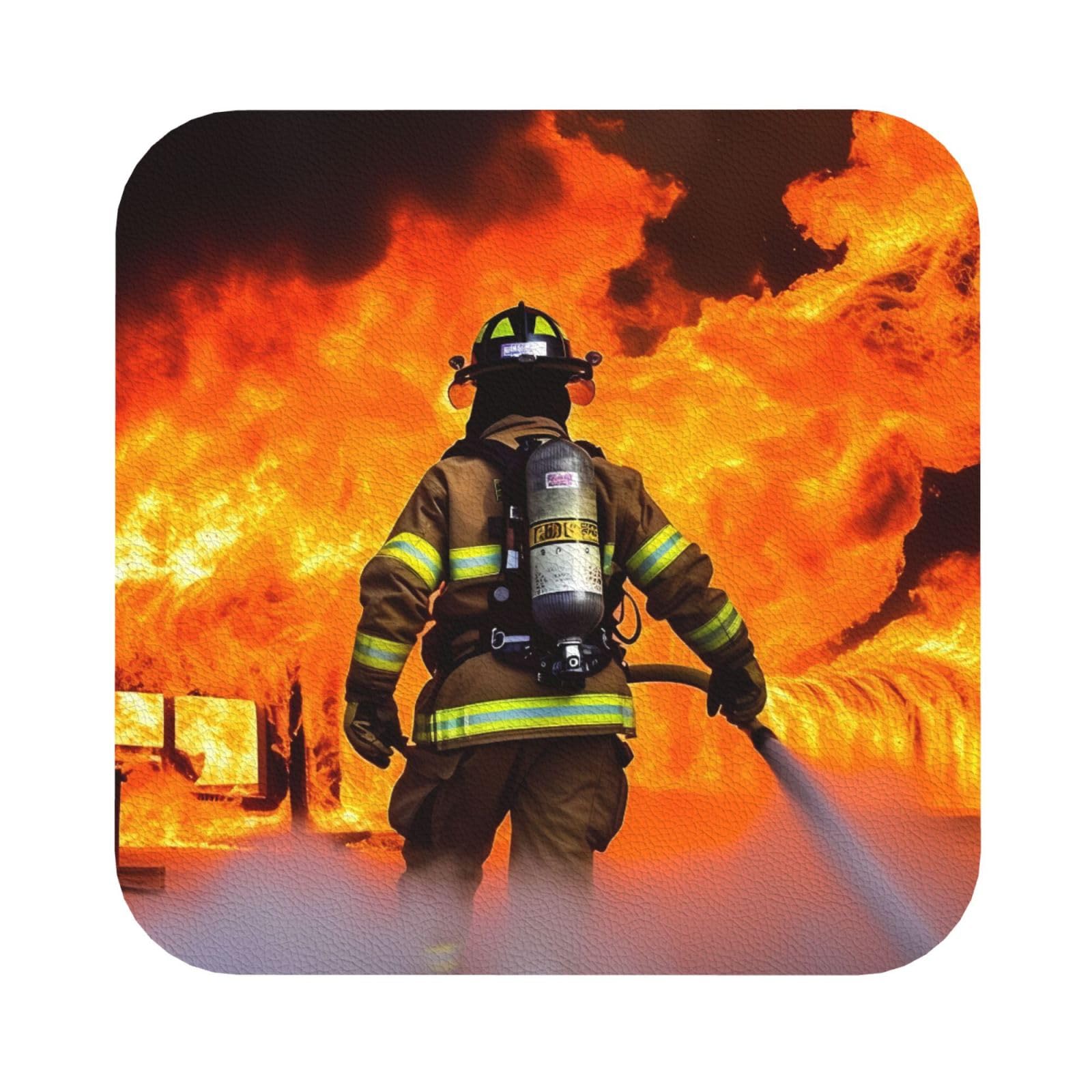 Fodpand Square Firefighter Fireman Flame Drink Coasters Set Of 4, Heat Resistant Leather Coasters Fuuny Bar Beer Beverage Coaster For Drinks, Absorbent Cup Mat For Tabletop Protection, Housewarming Gift
