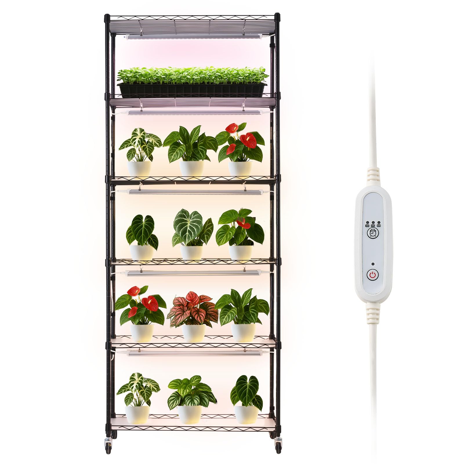 VEVOR Pflanzenregal mit Wachstumslicht, 6-stufiger Pflanzenständer mit Rädern und 4/9/14-Stunden-Timer, 150 W 3-Farben-Vollspektrum-Lichter, Blumenregal für die Samenanzucht, 75x35x180 cm