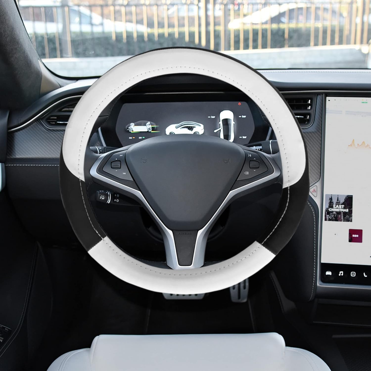 Elantrip Car Steering Wheel Cover 14.5" - 15.5", Universal Sports Style Car Interior Protection Accessories,Elastic Breathable Anti-Slip,for Cars Trucks Vans SUV Accessories,White&Black