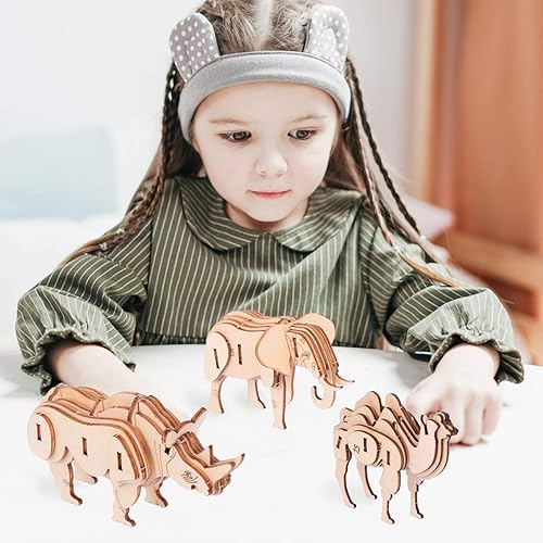 Miniatura 5 de NUOBESTY Rompecabezas de animales 3D de madera, kit de construcción de modelos de animales, elefante, camello, rinoceronte, rompecabezas de