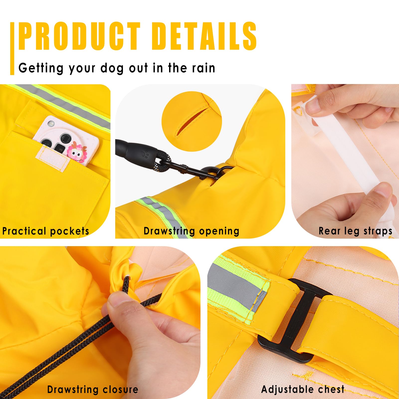 Imperméable Chien Grande Taille, Veste Imperméable pour Chien, Etanche et Coupe-Vent Manteaux Imperméables pour Chiens, Chiot Poncho de Pluie avec Bandes Réfléchissantes (Jaune, 4XL)