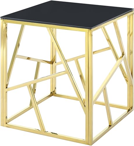 Miniatura 8 de WOKER FURNITURE Mesa auxiliar de cristal negro con marco geométrico de acero inoxidable plateado, mesa auxiliar moderna de 20 pulgadas con parte