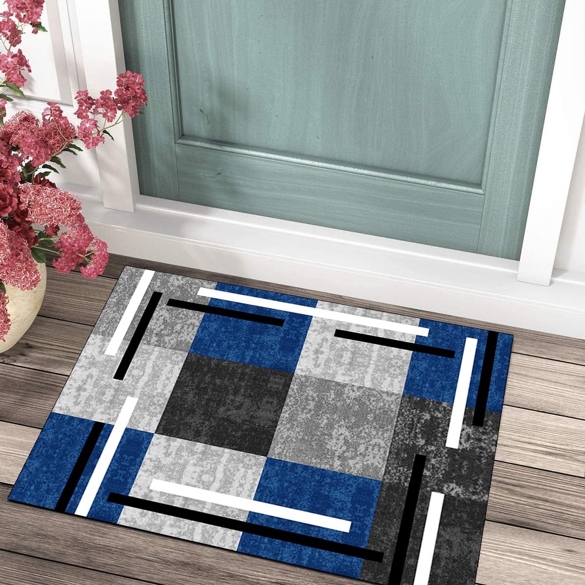 Loper Tapijt voor Keuken Hal Grijs Blauw Antislip 5'3 x5.9' Patchwork Wasbare Woondecoratie Lopers voor Keuken Gang Woonkamer Deurmat met Rubberen Achterzijde, 40-120 cm Breedte