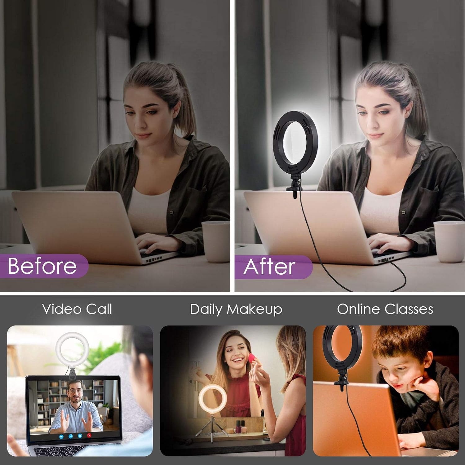 6" Ring Light for Laptop with Stand & Clip on, Video Conference Lighting, Zoom Lighting for Computer, Laptop Webcam Light for Zoom Meetings, Makeup, Selfie, Tiktok (Dimmable & 2M USB Cable)