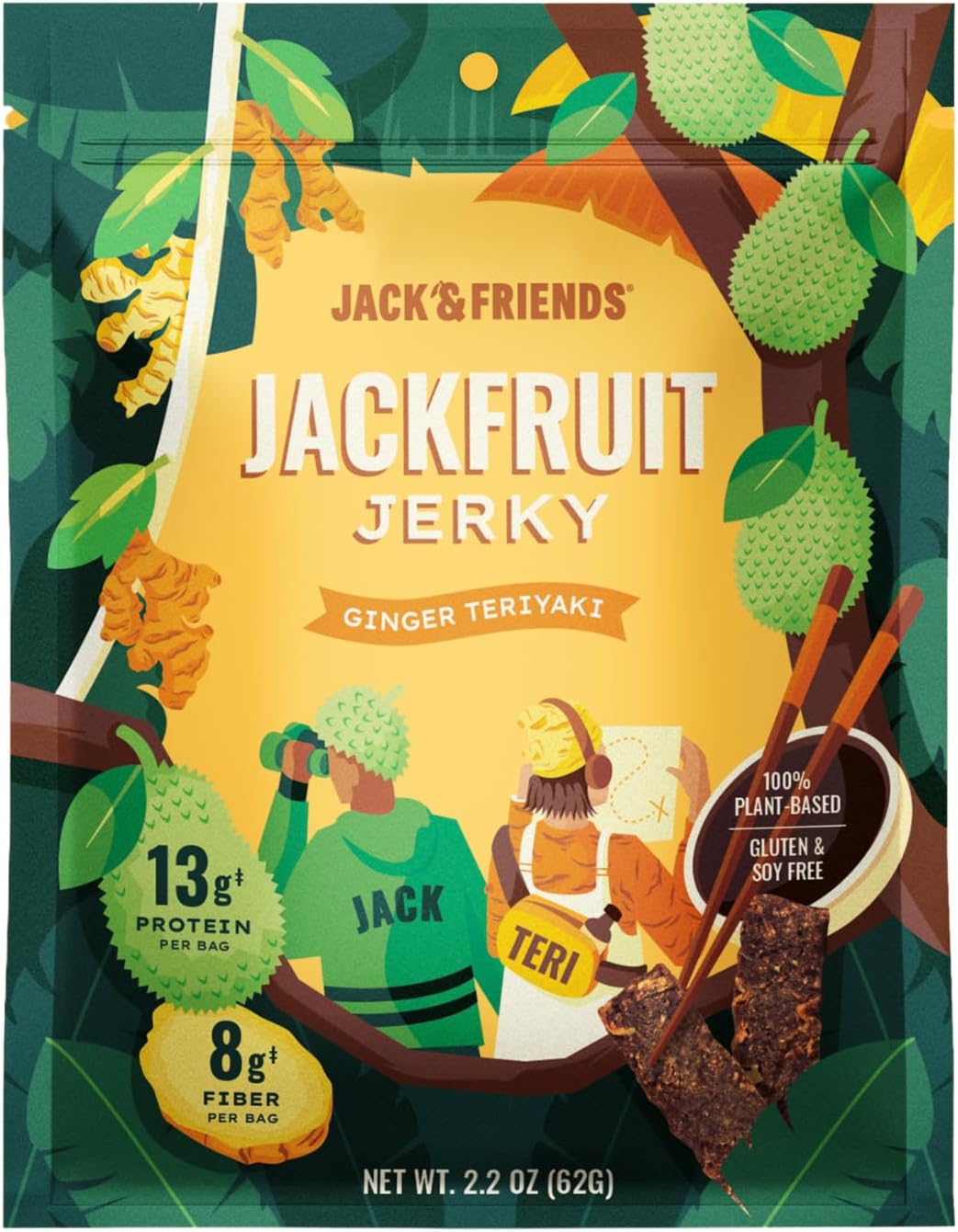 Jack & Friends Jackfruit Jerky Ginger Teriyaki - Plant Based Vegan Jerky Snack, Healthy Meatless Jerky Alternative Made from Jackfruit, 13g Protein, 8g Fiber, Gluten Free, Soy Free, Low Sugar, 2.2 oz (1 Pack)