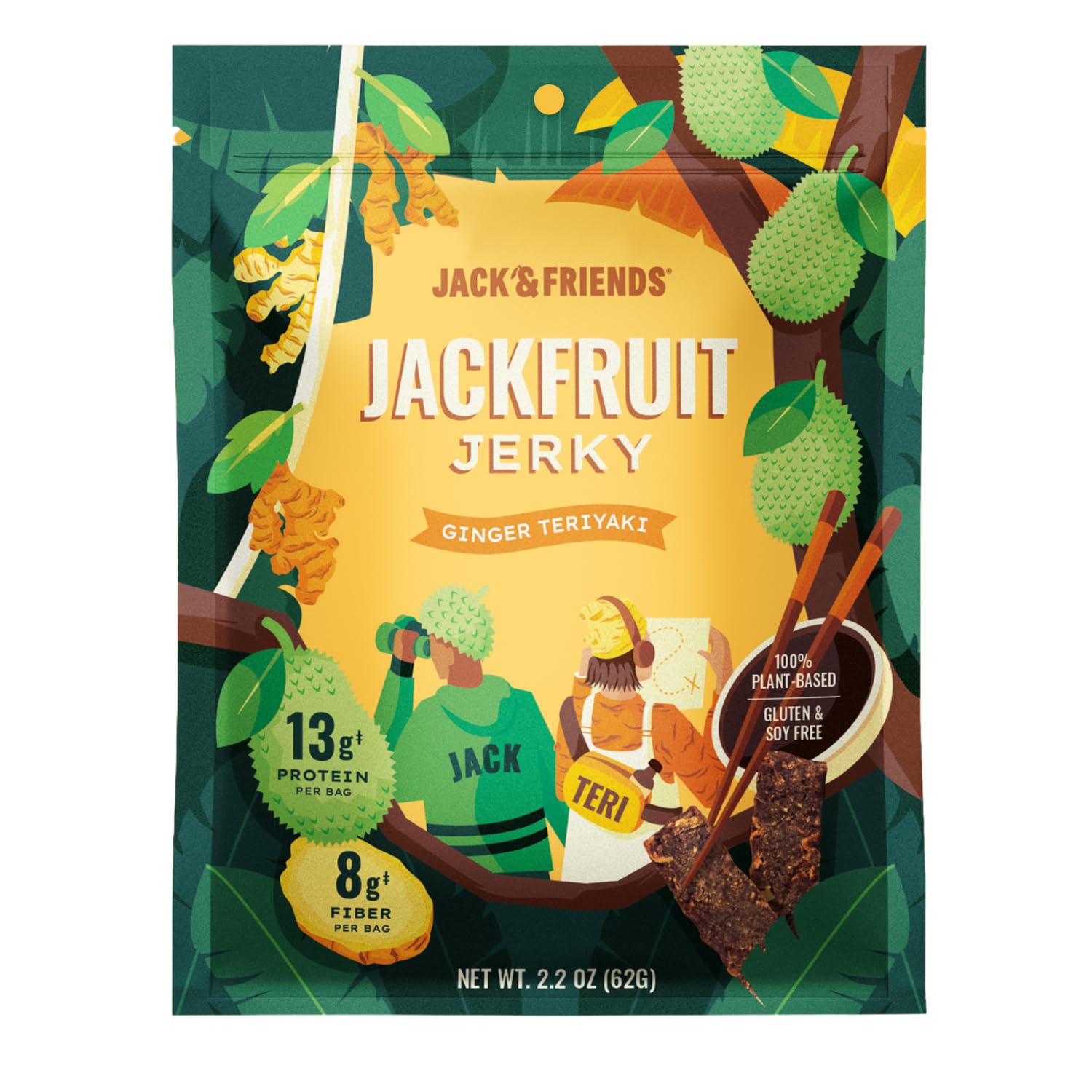 Jack & Friends Jackfruit Jerky - Ginger Teriyaki - 13g Protein - 8g Fiber - 100% Plant Based Jerky - Gluten Free - Soy Free - Vegan - Low Sugar - All Natural Ingredients - 2.2 Oz (Pack of 1)