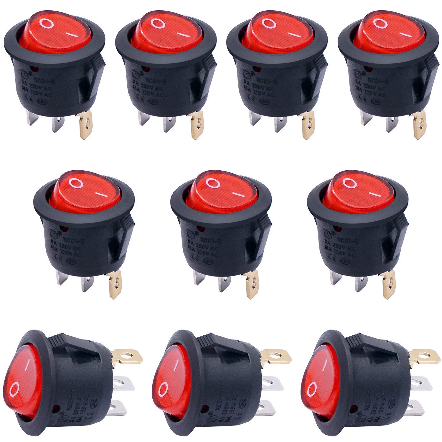 10Pcs AC 250V/6A, 125V/10A Red Light Illuminated ON/Off SPST 3 Pin 2 Position Mini Boat Rocker Switches Car Auto Boat Rocker Toggle Switch KCD1-5-101