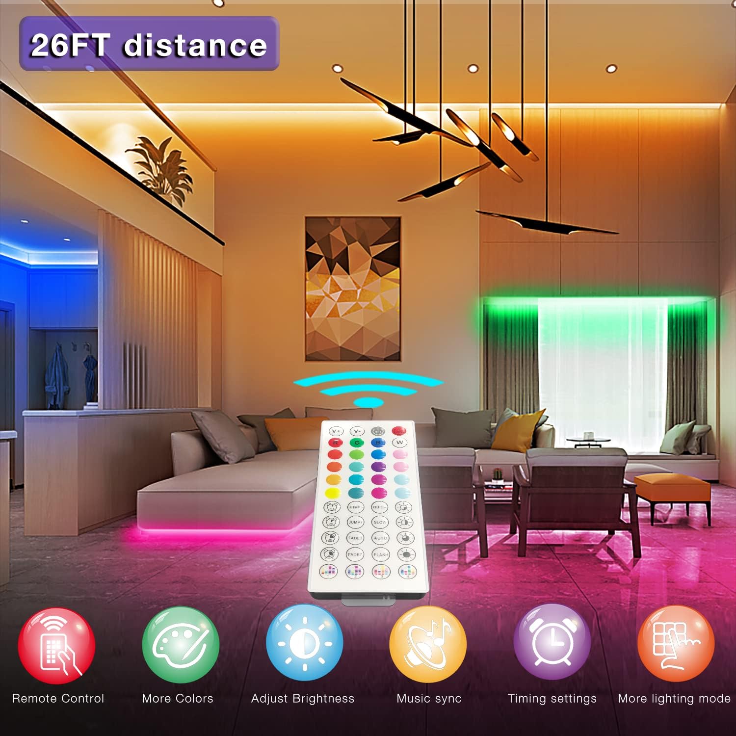 DAYBETTER Alexa Led Strip Lights,Smart Led Strip Lights Work with Alexa Only(Direct Connected),50ft Multicolor Led Lights for Bedroom, Desk, Home Decoration,with 44 Keys Remote and 12V Power Supply