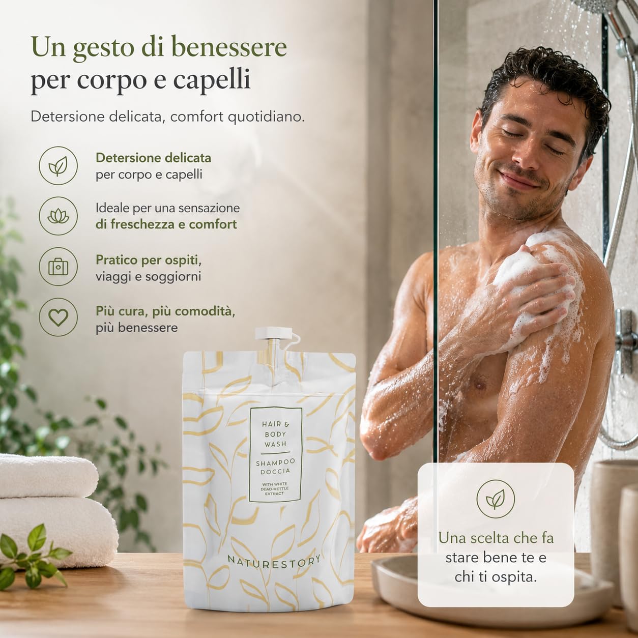 Shampoo Doccia Monodose 30 ml Doypack Richiudibile Linea Cortesia Hotel B&B Estratto Ortica Bianca Delicato Pelli Sensibili Made in Italy Eco Friendly Kit Viaggio Ospiti