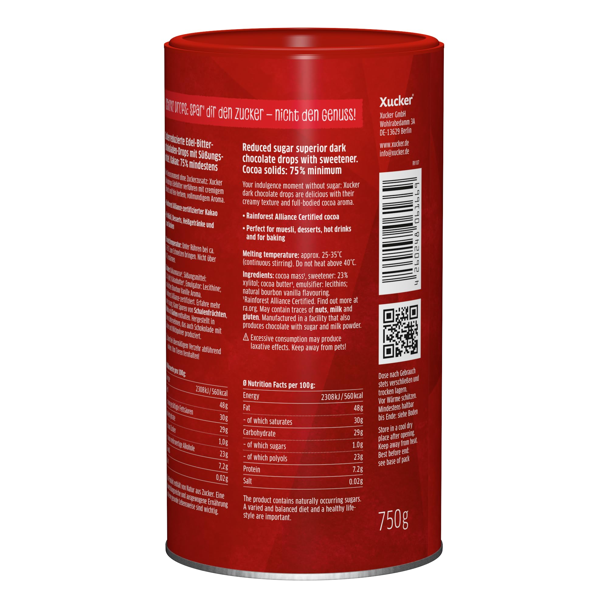 Xucker Schoko Drops Edelbitter 750g - Xucker Schokolade mit Xylit Zuckerersatz I Vegane Schokodrops I Zuckerreduzierte Süßigkeiten zum Backen (min. 75% Kakaoanteil)