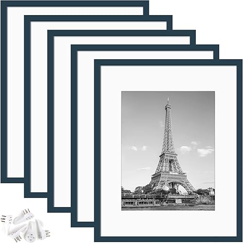 upsimples 16x20 Picture Frame Set of 5, Display Pictures 11x14 with Mat or 16x20 Without Mat, Wall Gallery Poster Frames, Navy Blue