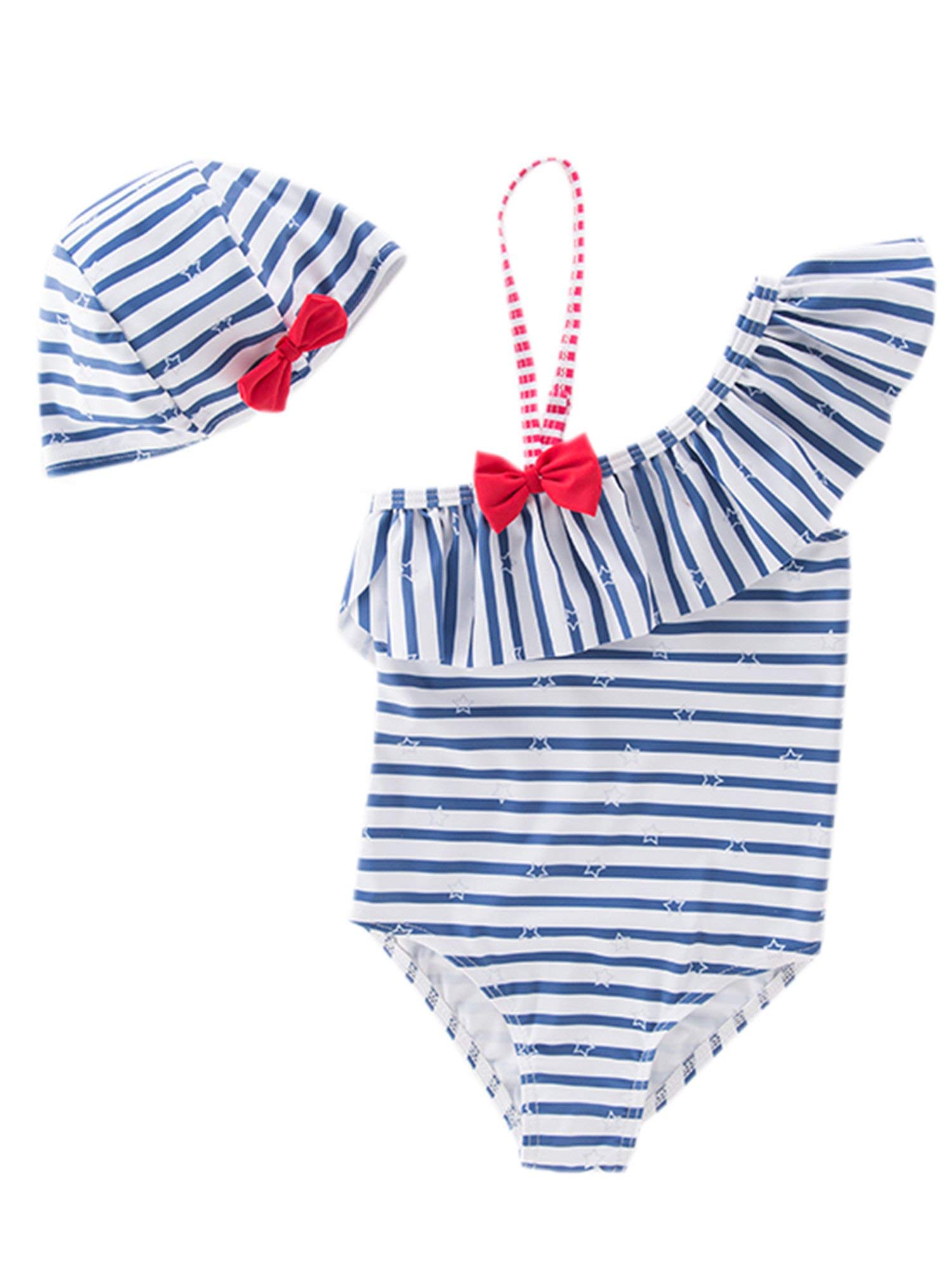 Little Girls Striped Ruffle One Shoulder One-Piece Swimsuit with Hat 2 Pieces Set Blue