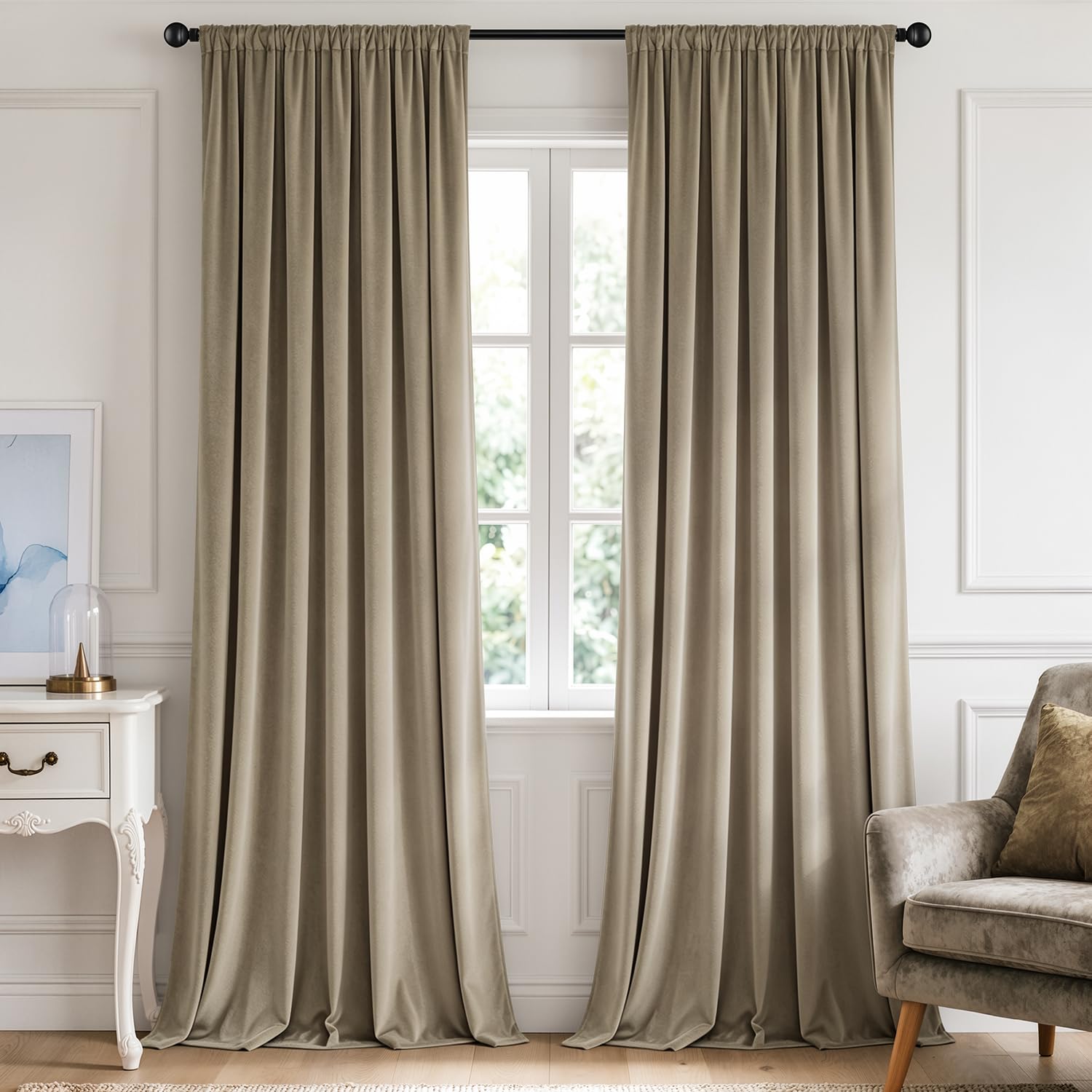 MIULEE Light Taupe Blackout Velvet Curtains Drapes 90 Inch Long 52"x90"