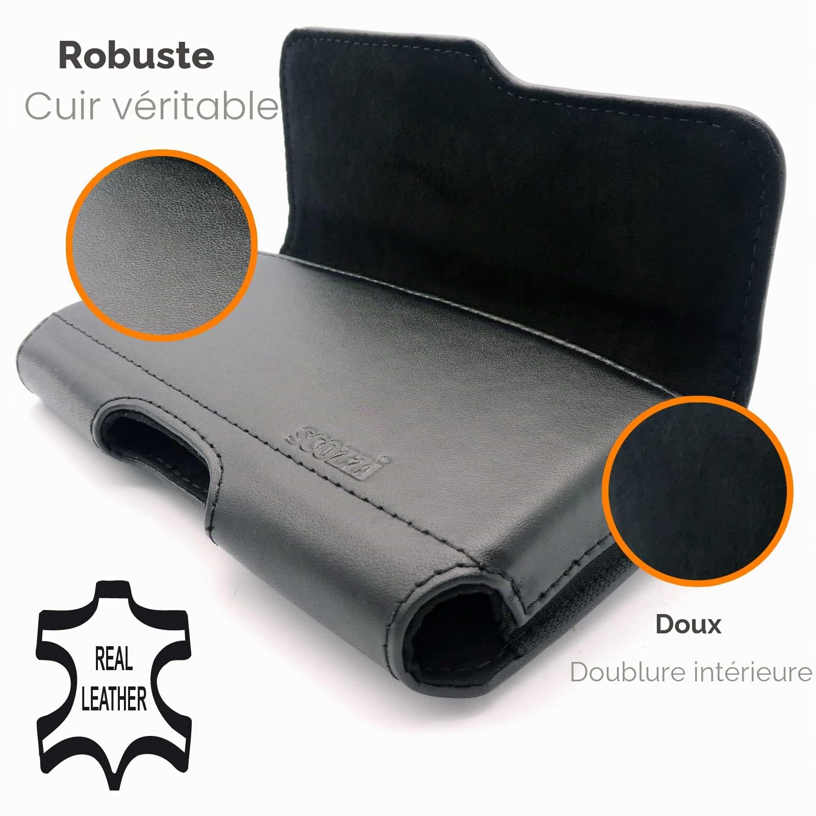 Étui De Ceinture Cuir Véritable Pochette Téléphone Portable Horizontal Smartphone p.e. compatible avec Samsung S25 S24 S23 A56 A55 A36 A26 pour iPhone 17 16 15 14 13 FE Plus Ultra Lite Pro Noir