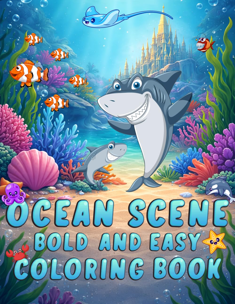 OCEAN SCENE BOLD AND EASY COLORING BOOK: Bold and Easy Sea Life Coloring Pages with Fun Ocean Facts for Stress Relief and Relaxation