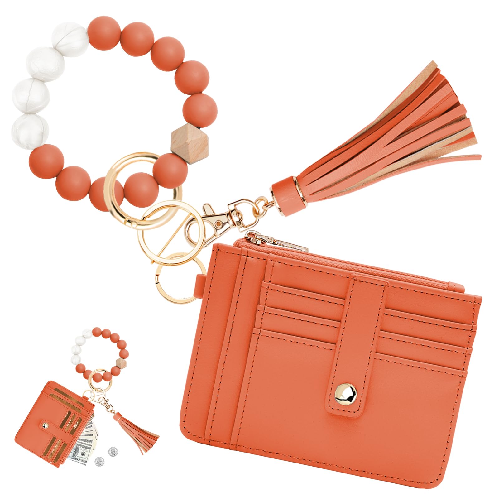 KNGITRYI Wallet Keychain Wristlet for Women,Slim RFID Credit Card Holder Purse Tassel Keychain Bangle Key Ring for Men Women