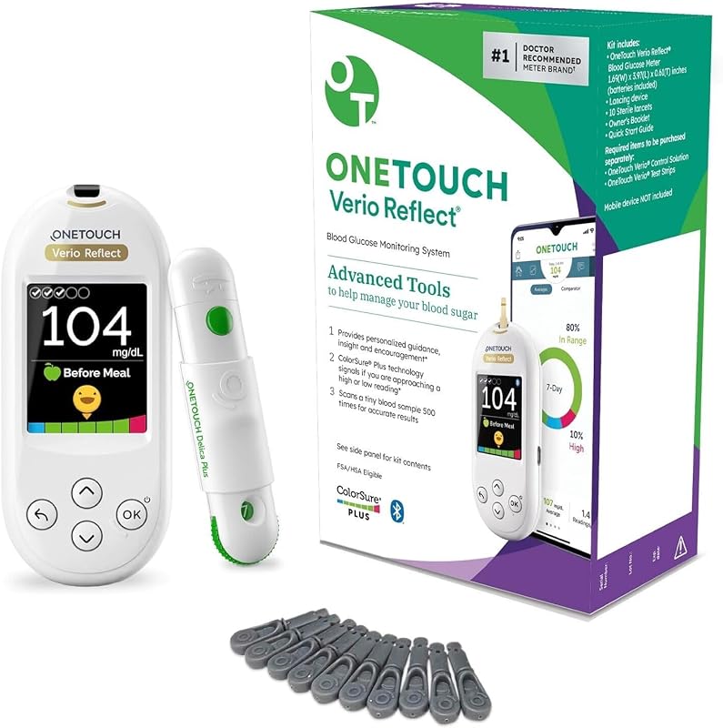 Kit de medidor de glucosa en sangre OneTouch Verio Reflect con dispositivo de punción | Monitor de glucosa en sangre con indicador de rango ColorSure, resultados en 5 segundos, dispositivo de punción, 10 lancetas estériles y estuche de transporte