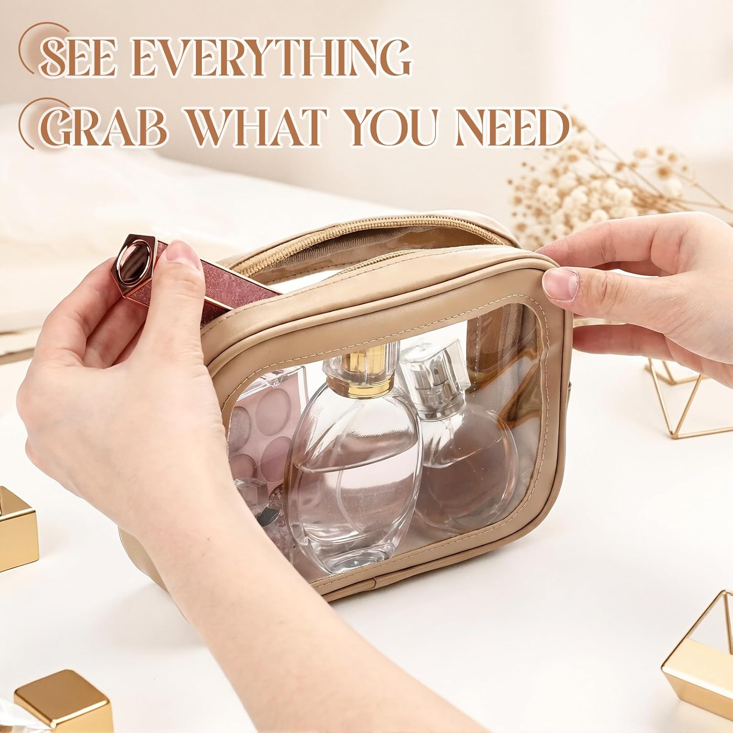Abbylike 10 Pcs Clear Makeup Bags Bulk Tsa Approved Clear Toiletry Bags with Zipper PU Leather Waterproof Travel Makeup Organizer for Women Wedding Bridal DIY Gifts Bachelorette Party (Nude)