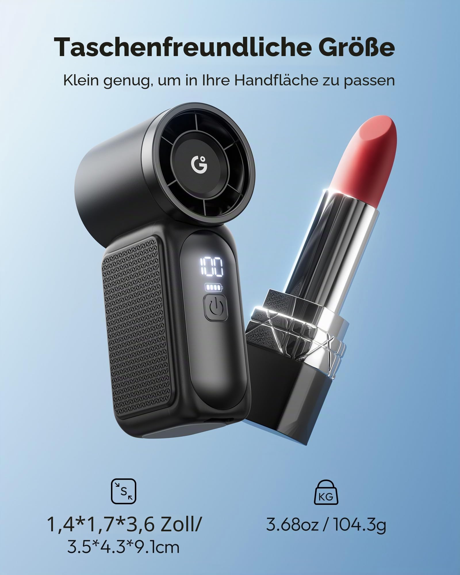 Gaiatop Tragbarer Mini-Handventilator, 6 Geschwindigkeiten, 16900 U/min, hohe Geschwindigkeit, persönlicher Ventilator mit LED-Display, USB-wiederaufladbar, Mini-Ventilator mit Umhängeband für Make-up