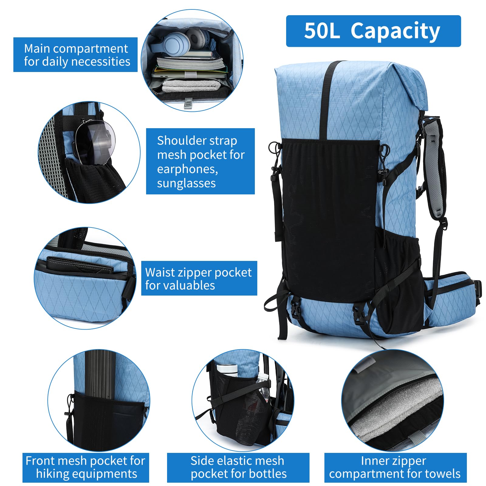 Mochila de senderismo, 40 L a 50 L, bolsa de senderismo de gran capacidad, mochila de camping con marco interno, mochila deportiva ligera de viaje para escalada de montaña y campamento (azul), Azul