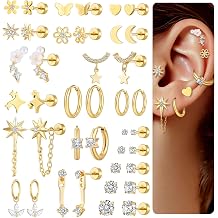 20 Pairs 40pcs Gold Flat Back Earrings Hypoallergenic Cartilage Earring for Women,Mix of 10pcs Hoops,30pcs Studs,Dazzling Helix & Tragus Piercing Jewelry,20G Screw Back Earrings Sets for Multiple Piercing