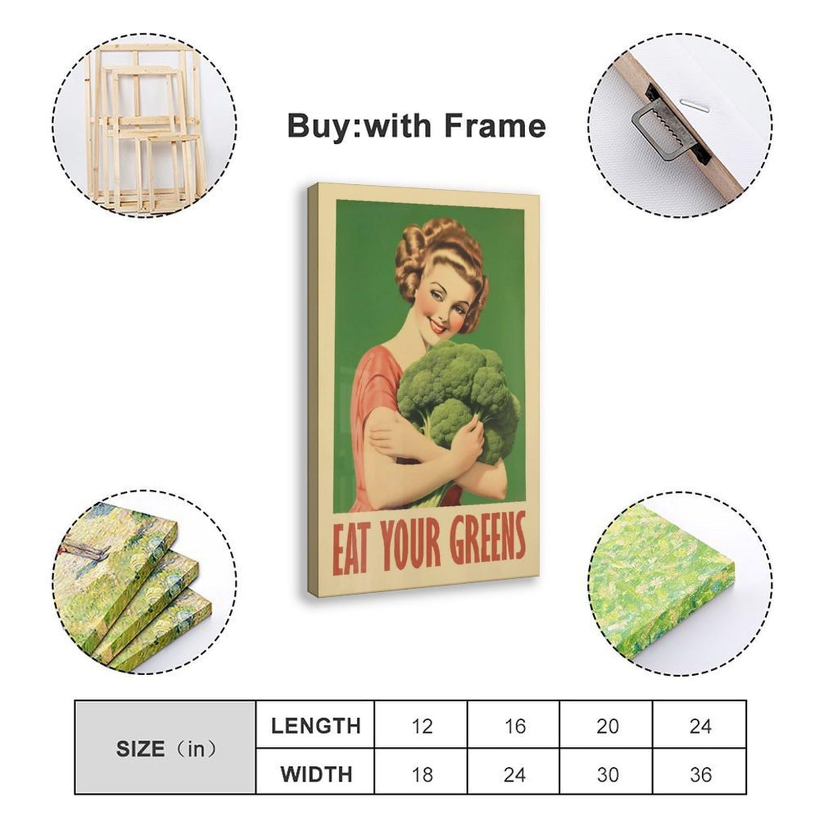 OAHFDF Leinwandposter "Eat Your Greens", Brokkoli, Vintage-Stil, Wandkunst, Dekordruck, Bild Gemälde für Wohnzimmer, Schlafzimmer, Dekoration, 50 x 75 cm