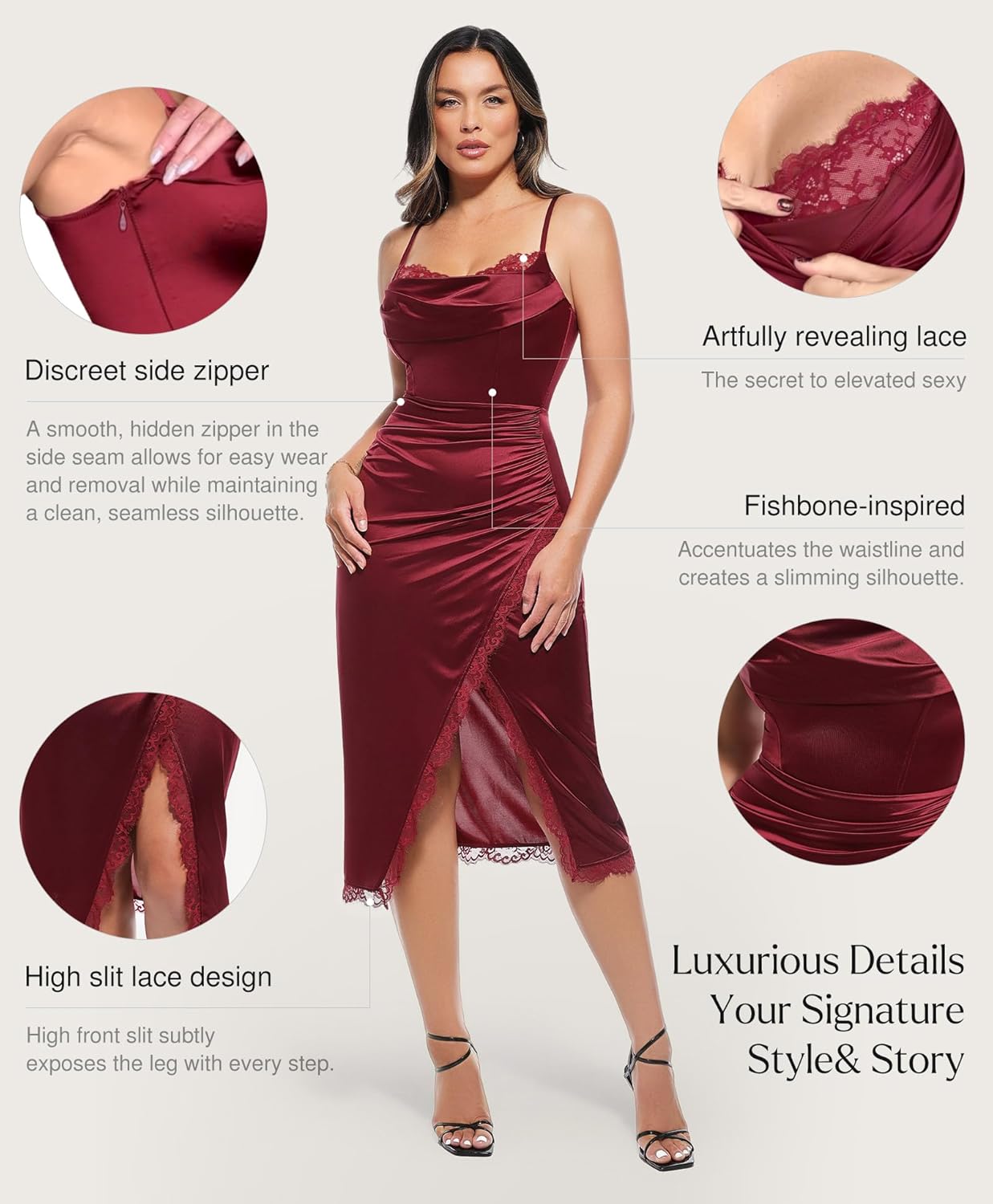 Popilush Shapewear Corset Dress Women's Satin Ruched Midi Dress Cocktail Date Night Classy Dresses with Lace Trim Bra - Image 3