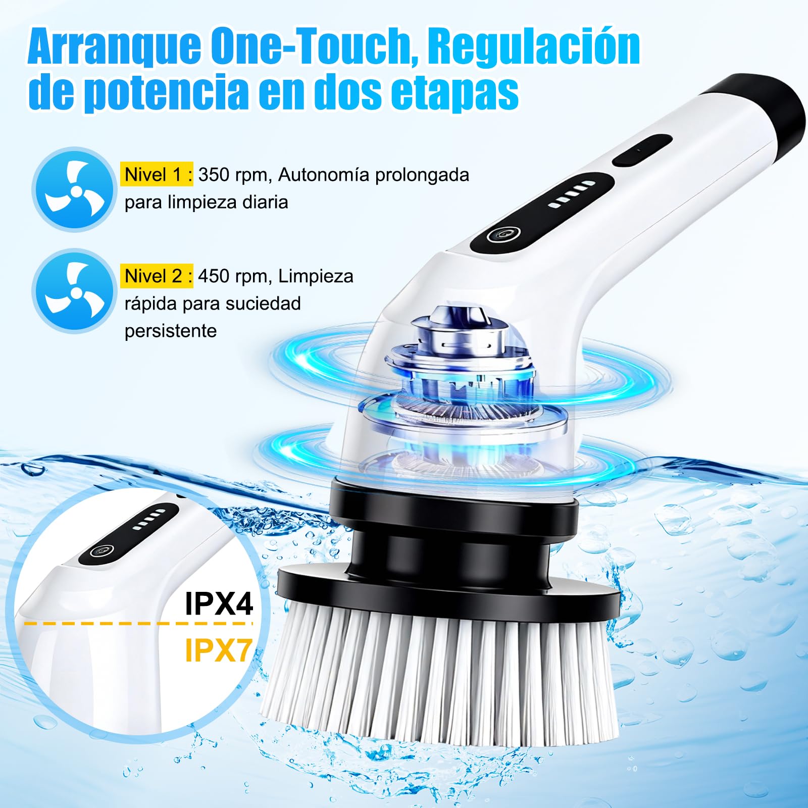 PATEMZON Cepillo Electrico Limpieza Hogar, Cepillo Limpieza Electrico-IPX7 con 9 Cabezales Reemplazables, Dos Velocidades Regulables y Mango Telescópico, para Baño, Cocina, Coche, Azulejos