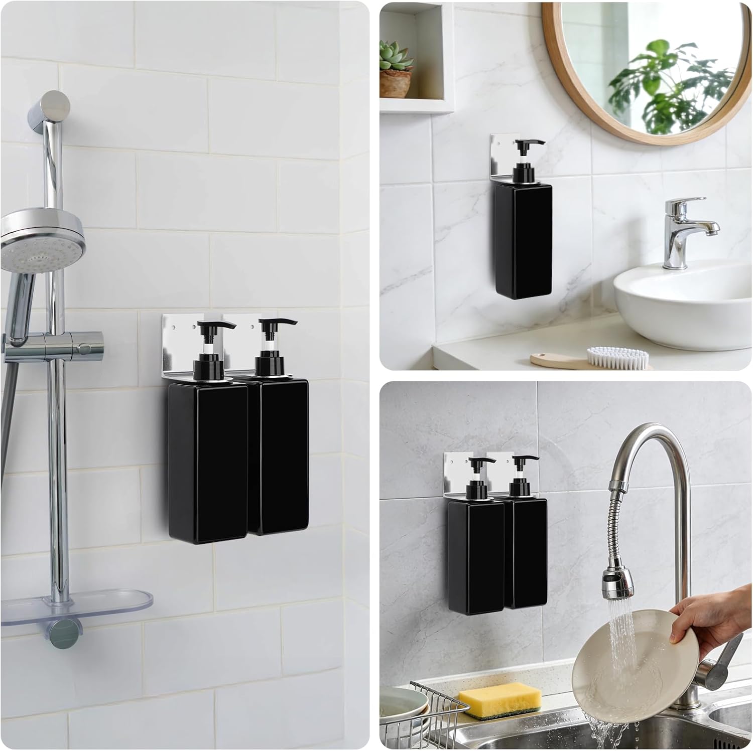 Segbeauty Soap Dispenser Wall Mounted, 3pcs 16.9oz Drill Free Shampoo Bottles with Waterproof Labels, Refillable Plastic Shower Dispenser Set Soap Holder Shower Accessories for Shower Wall Black