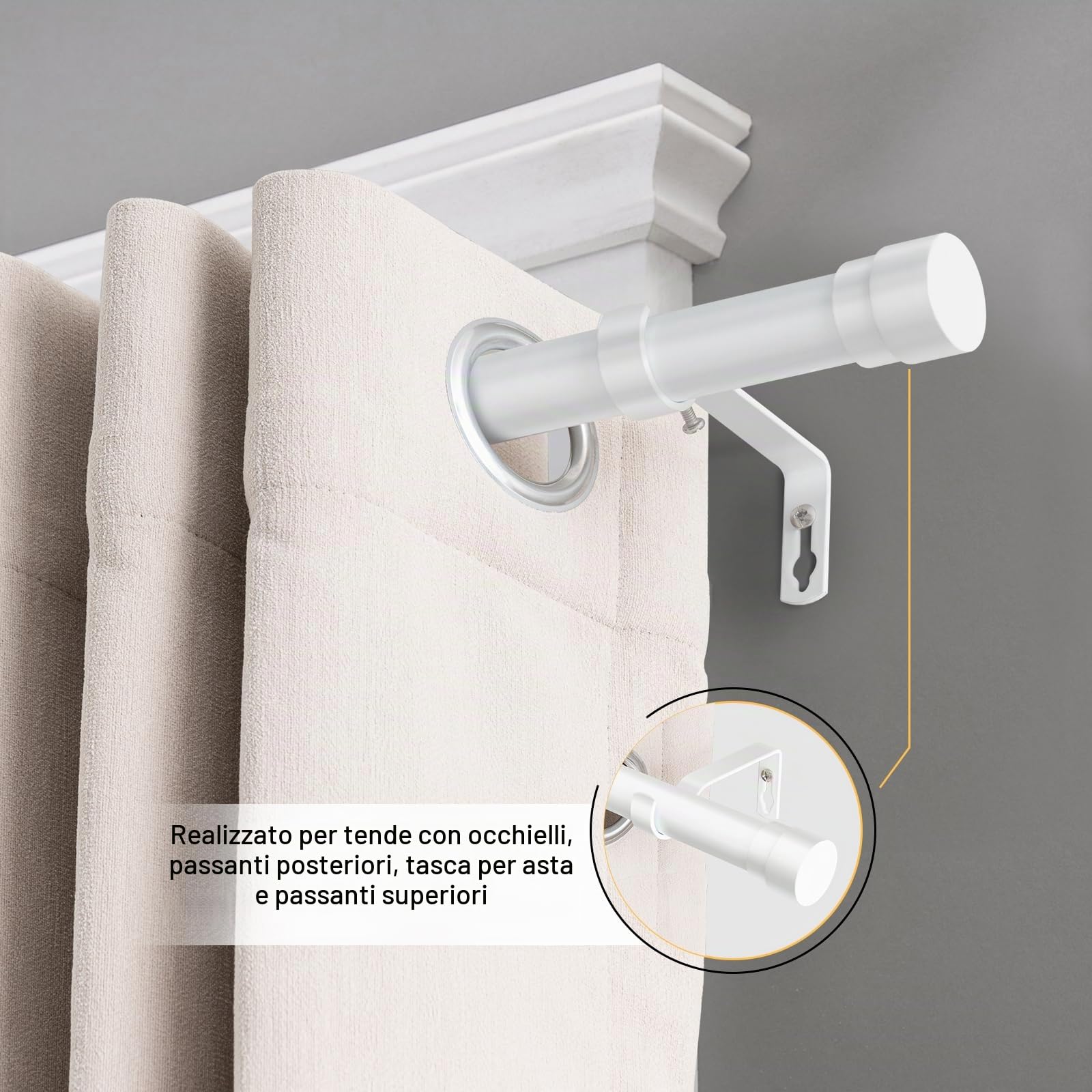 BellaHills 1 Pezzi Bastone Tenda Estensibile, 76-269cm Bastoni per Tende con Staffe in Diametro 25mm, impermeabile e antiruggine, Aste per Tende Set per Camera da Letto, Soggiorno, Cucina, Bianco