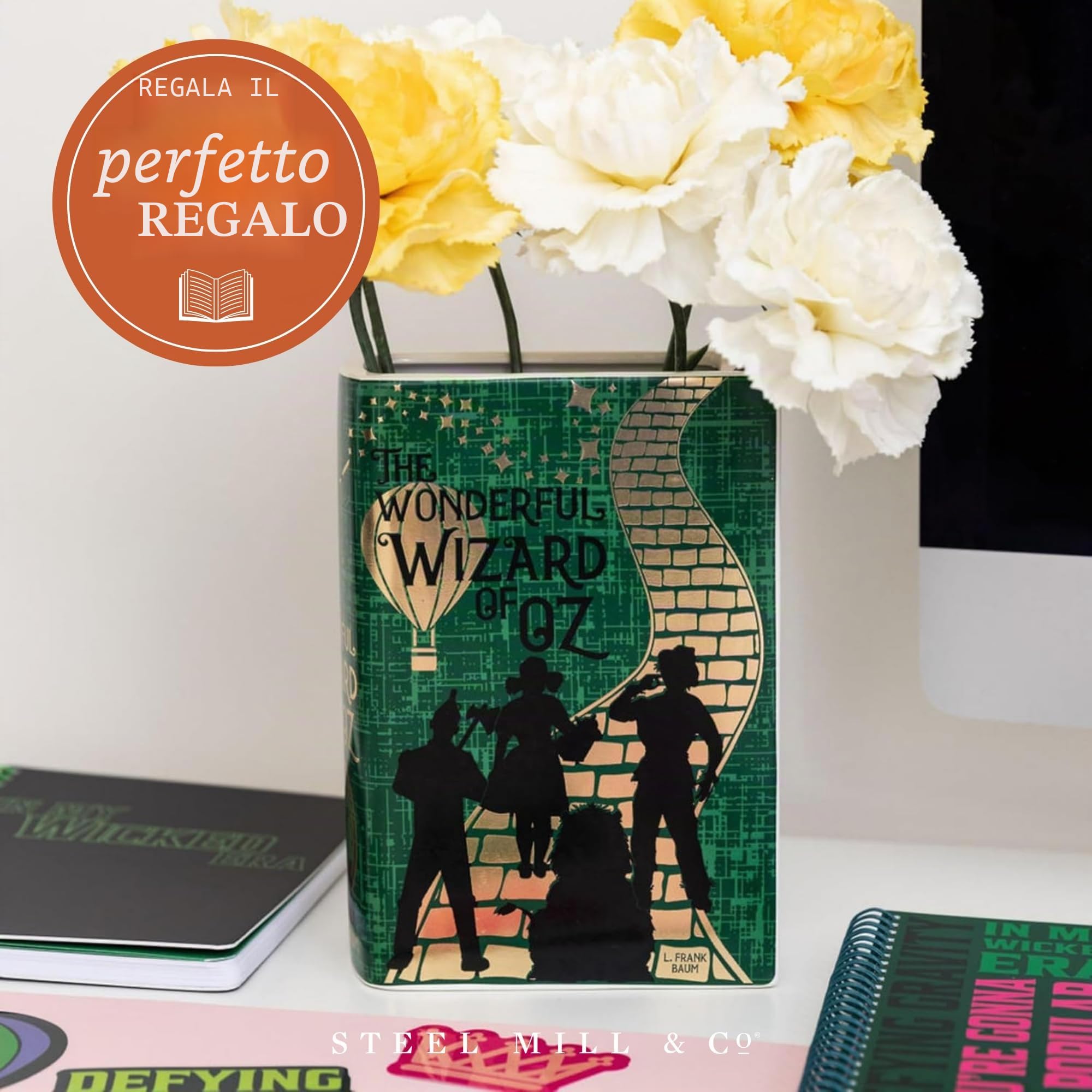 Steel Mill & Co - Grande vaso decorativo a forma di libro, in ceramica, per la casa, graziosa decorazione per libreria, vaso unico per gli amanti dei libri, mago di Oz