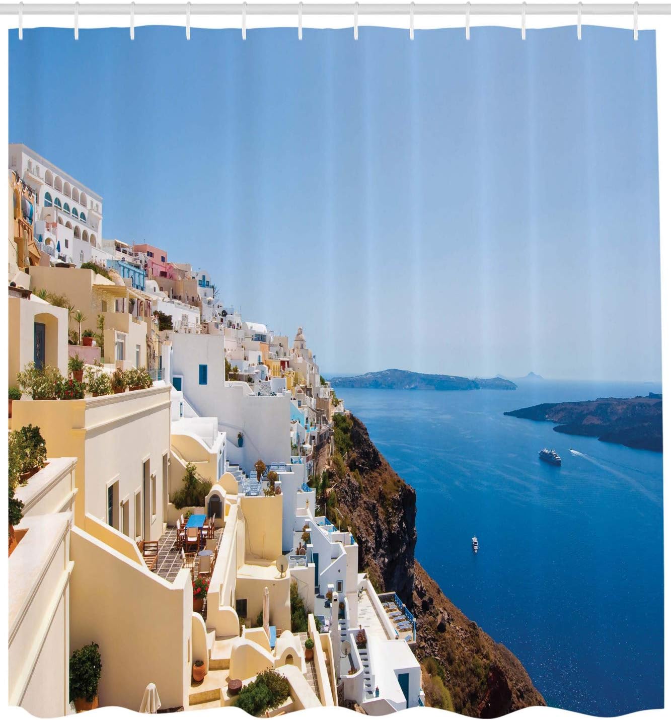 Ambesonne European Shower Curtain, Cityscape on The Edge of Cliff Greece Island Land with Mediterranean Culture Theme, Cloth Fabric Bathroom Decor Set with Hooks, 69" W x 70" L, Ecru